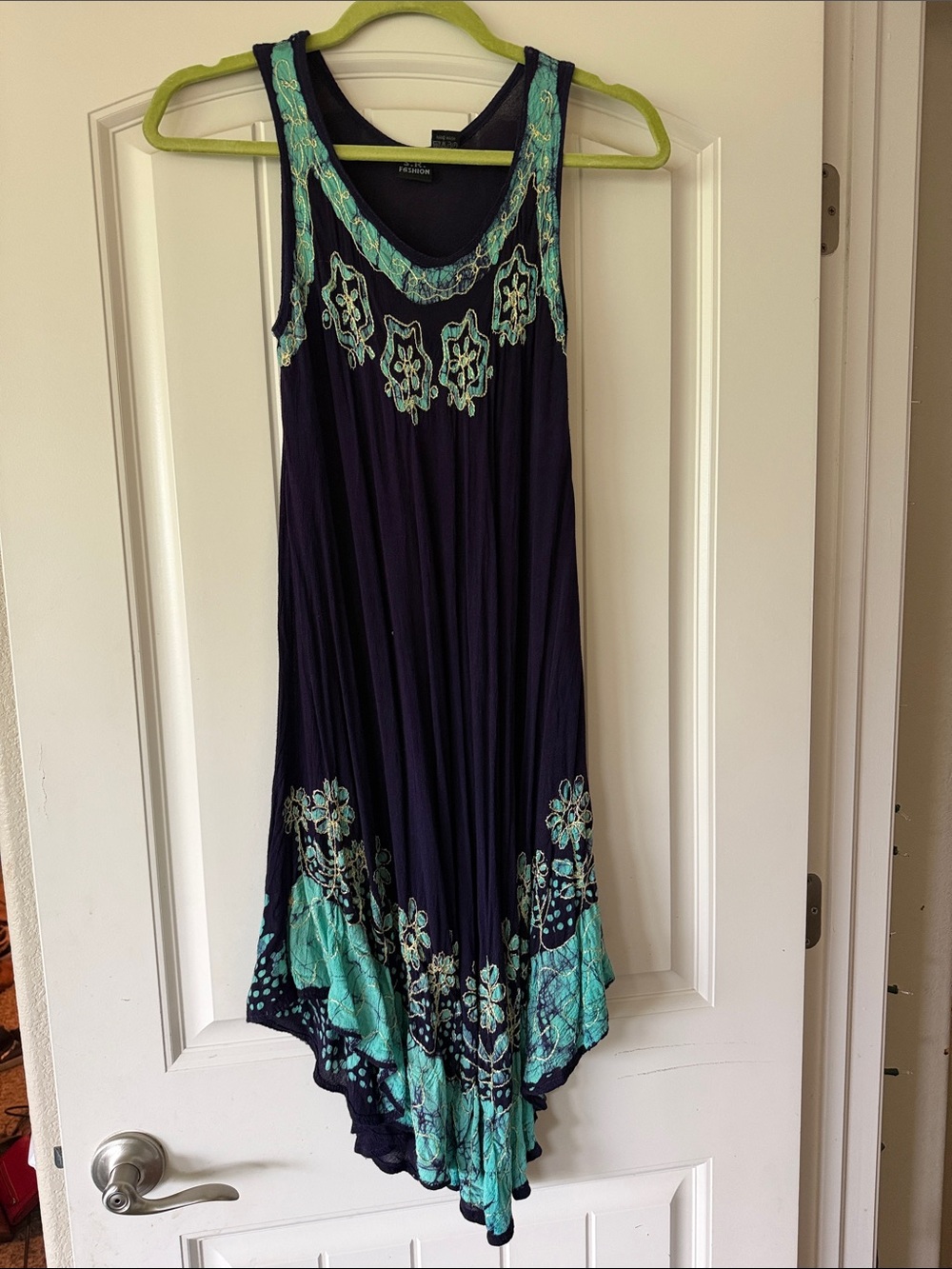 Sleeveless Navy and Teal Asymmetrical Dress with Embroidered Accents